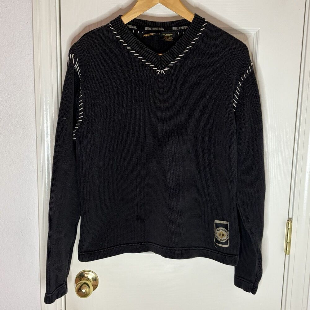 Harley Davidson Long Sleeve V Neck Sweater Women’s Size Large Dark Gray